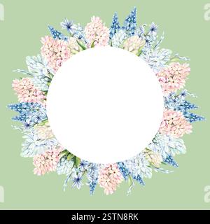 Ein Kranz aus Frühlingsblumen. Hyazinthen, Krokusse und Mimosen sind handbemalt mit Aquarell auf einem Salathintergrund. Die Abbildung eignet sich für Kartendesign, Verpackung und Textilien. Stockfoto