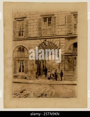 Grafische Zeichnung eines Mannes, der die Straße fegt, von Maurice Emmanuel Lansyer im Jahr 1889 aufgenommen. Die Szene zeigt einen Straßenkehrer, der seine täglichen Aufgaben erfüllt und eine Momentaufnahme des täglichen Lebens in Paris anbietet. Die Skizze ist Teil der französischen Graphischen Kunstsammlung. Stockfoto