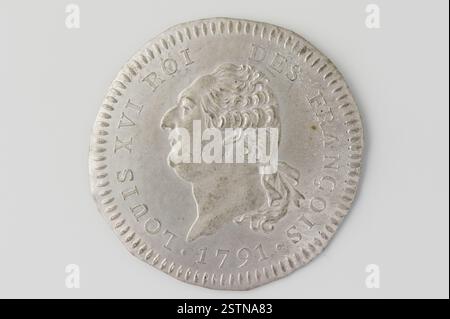 Medaille von Augustin Dupré (1791) mit einer nach links gerichteten Büste von Ludwig XVI., mit einem Band, das seine Haare am Nacken bindet, und einer geriffelten Borte. Stockfoto