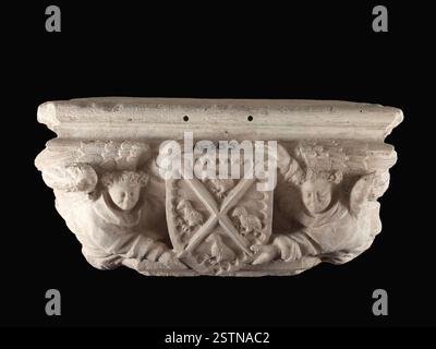 Ein Stich von Jean Marot, der Engel zeigt, welche die Wappen der Familien Raguier und Budé zeigen. Die Details der Arme werden durch ihre Symbole beschrieben, wie Rebhühner und Trauben. Stockfoto