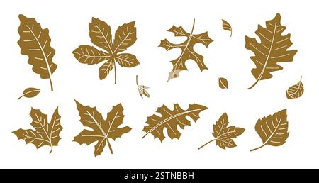 Eine Kollektion herbstlicher Blätter im braunen Silhouettenstil. Perfekt für saisonale Designs, Vintage-Dekorationen und botanische Illustrationen. Stock Vektor
