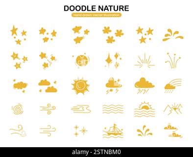 Wetter gelbe Kritzelei handgezeichnet mit Sternen, Sonnenwolken. Zeichentrick-Kritzelvektor-Illustration. Stock Vektor