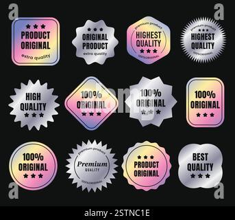 Satz holografischer Etiketten. Silberne Hologramm-Aufkleber in verschiedenen Formen mit Textmarken. Originalprodukt, Garantie und Premium-Qualität. Marketing L Stock Vektor