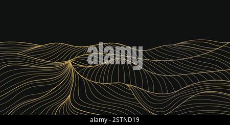 Minimalistische Goldstriche, die eine Berglandschaft mit fließenden Konturen darstellen. Vektorabbildung. Stock Vektor