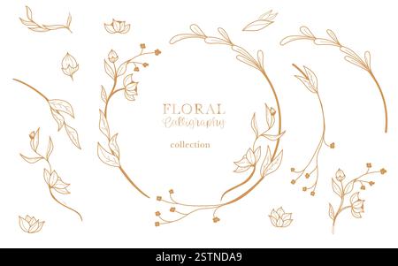 Set aus eleganten kalligrafischen botanischen Designelementen, Blumenrahmen und anmutigen Zweigen. Hochzeits-Wildblumen für Einladung speichern Sie die Datumskarte. Bota Stock Vektor