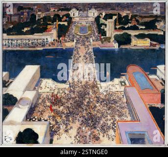 Ein Gemälde aus dem 20. Jahrhundert, das die Iéna-Brücke mit Blick auf die sowjetischen und deutschen Pavillons und den Palais de Chaillot im Hintergrund darstellt, das die Pariser Landschaft während der Zwischenkriegszeit einfängt. Stockfoto