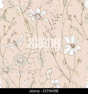Feld, Wiese, wilde Blumen und Kräuter Kosmos, Kamille, Klee und Insekten. Strichgrafik ist eine einfache handgezeichnete Illustration in beige, ockerfarbene und braune Tinte Stock Vektor