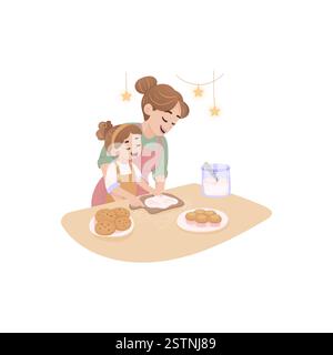 Muttertag. Mutter und Tochter machen Kekse und Cupcakes zusammen Stock Vektor