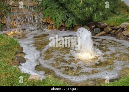 Kleiner Teich mit Springbrunnen im Garten Stockfoto