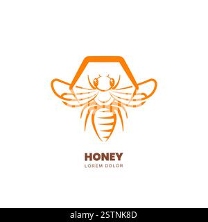 Vorlage mit Honigbiene-Logo. Abstraktes Linienemblem mit Wabe und Biene. Vektor einfache Umrissdarstellung. Etikett, Verpackungsdesign-Element Stock Vektor