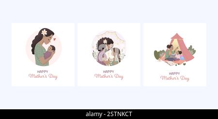 Muttertag. Ein Kartensatz. Dunkelhäutige Frau, Mutter, Mädchen und Neugeborenes. Stock Vektor