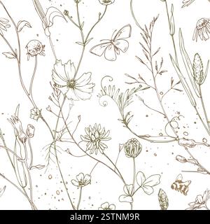 Feld, Wiese, wilde Blumen und Kräuter Kosmos, Kamille, Klee und Insekten. Strichgrafik ist eine einfache handgezeichnete Illustration in beige, ockerfarbene und braune Tinte Stock Vektor