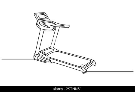 Das ist eine einzeilige Zeichnung einer jungen, energiegeladenen Frau, die auf einem Laufband läuft und läuft Stock Vektor