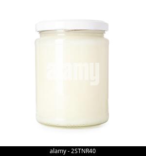 Bio-Kokos-Kochöl in Glasgefäß isoliert auf weiß Stockfoto