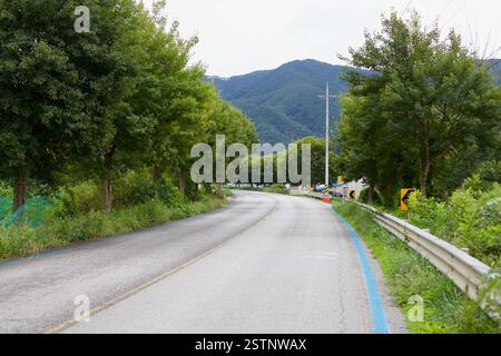 Goesan County, Südkorea - 9. September 2020: Eine ruhige Landstraße führt durch die Landschaft, gesäumt von üppigen grünen Bäumen und eingerahmt von rolli Stockfoto