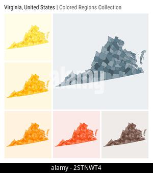 Virginia, Usa. Kartensammlung. Statusform. Farbige Bezirke. Blaugrau, Gelb, Bernstein, Orange, Deep Orange, braune Farbpaletten. Stock Vektor