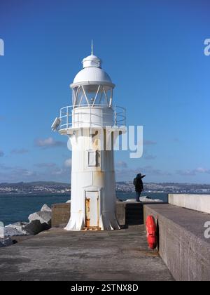 Leuchtturm am Breakwater Pier in Brixham Fischstadt, Devon, England. Stockfoto
