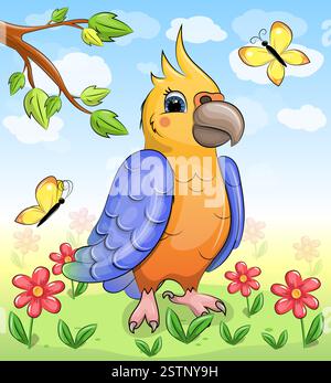 Niedlicher Karikaturpapagei in der Natur. Vektor-Illustration eines Tieres in einem Garten mit roten Blumen, gelben Schmetterlingen und Baum. Stock Vektor