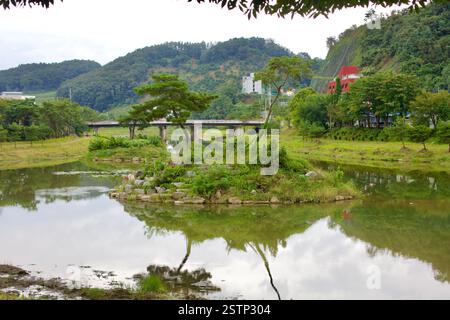 Goesan County, Südkorea - 10. September 2020: Eine kleine, mit Bäumen bedeckte Insel liegt im ruhigen Wasser des Seonghwang Stream nahe dem Rand von Goesan T Stockfoto