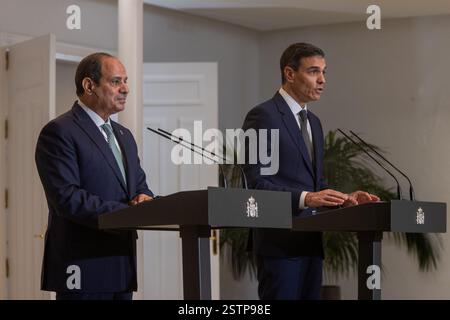 Madrid, Spanien. Februar 2025. Offizielles Treffen, Palast Moncloa, Madrid, Präsident der spanischen Regierung, Pedro Sánchez, Präsident Ägyptens, Abdelfattah al-Sisi. Quelle: D. Canales Carvajal/Alamy Live News Stockfoto