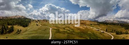 Drohnenpanorama des Pralongia-Plateaus in den Dolomiten, Italien, im Herbst. Erfasst goldene Wiesen, bewaldete Hänge und gewundene Pfade, die zu Ihnen führen Stockfoto