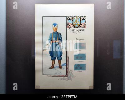KIEW, UKRAINE - 19. FEBRUAR 2025 - Eine Darstellung aus dem Album der Uniformen der ukrainischen Armee und Marine für die Zeit des Befreiungskampfes von 1917 bis 1921 des ukrainischen Malers, Heraldisten und Sternschyna der Armee der ukrainischen Volksrepublik Mykola Bytytnskyi wird während der Ausstellung Zeichen auf dem Schild im Nationalmuseum der ukrainischen Geschichte im Zweiten Weltkrieg am Tag des nationalen Emblems der Ukraine, Kiew, Hauptstadt der Ukraine, gezeigt. (Foto: Hennadii Minchenko/Ukrinform) Stockfoto