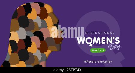 International Womens Day Girl Kopf Silhouette und Text beschleunigen Action. Happy Women's Day, 8. März, mit der Silhouette des Mädchengesichts und dem weiblichen Symbol Stock Vektor