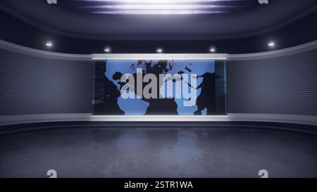 TV-Nachrichten weltweit, virtueller Studiohintergrund. Perfekt auch für Online-Shows oder Live-Events. Moderner 3D-Rendering-Hintergrund, geeignet für VR-Systembühnen Stockfoto