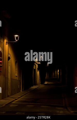 Straßenlaternen weichen in die Dunkelheit zurück. Nachtszene, Perspektive, Schatten, Geheimnis und ein Gefühl der Isolation. Dunkle Straße bei Nacht. Stockfoto