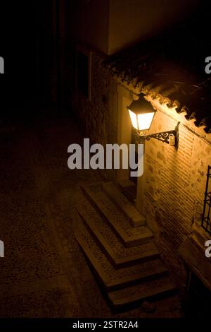 Steintreppen beleuchtet durch eine Straßenlaterne in einer dunklen Gasse. Urbane Details, Nachtszene, Schatten, Nachtallee mit einer einzigen Lichtquelle Stockfoto