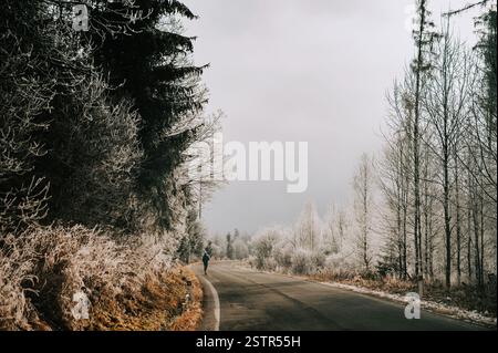 Winterlauftraining. Allein Läufer auf der Straße laufen Hügel in der gefrorenen Natur. Höhentrainingscamp in der gefrorenen Natur Stockfoto