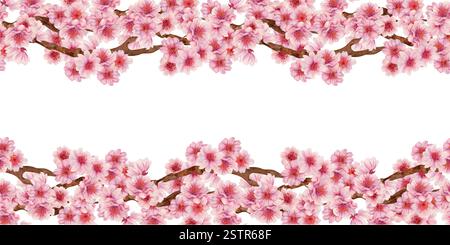 Horizontaler Rahmen von Zweigen mit Sakura-Blüten isoliert auf weißem Hintergrund. Frühlingsblühende Kirschblüten für das Hanami-Festival. Nahtlos Stockfoto