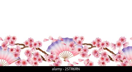 Horizontaler Rahmen des Klappventilators, Zweige mit Sakura-Blüten isoliert auf weißem Hintergrund. Nahtloser Rand. Frühling blühende Kirschblüten Blumen für Stockfoto