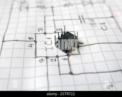 Projekte mit Halbleiter Integrated Circuit (IC) auf dem elektronischen Schaltplan. Stockfoto