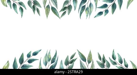 Horizontaler Rahmen mit Eukalyptuszweigen mit grünen Blättern. Aquarellabbildung. Botanisches isoliertes Element auf weißem Hintergrund für die Konstruktion. Stockfoto