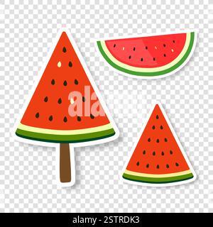Ein Satz von Aufklebern oder Symbolen aus drei Scheiben Wassermelone auf transparentem Hintergrund. Stock Vektor