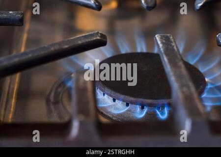 Gasherd-Brenner mit blauer Flamme Nahaufnahme Stockfoto