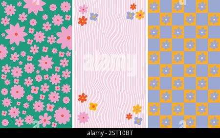 Set Mit Blumenmuster, Retro- Und Ästhetischem Botanischem Design Stock Vektor