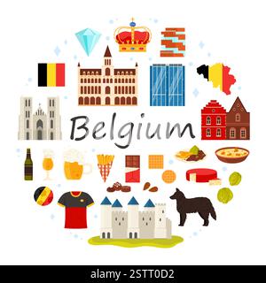 Reisen Sie nach Belgien, kulturelle Elemente und Sehenswürdigkeiten in einem runden Infografik-Banner. Belgisches Essen und Bier, Gravensteen und Menin Gate, großer Marktplatz und Atomium in kreisförmiger Karikaturvektorillustration Stock Vektor