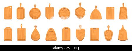 Schneidebretter aus Holz. Küchenuntergründe, leichte Holzprodukte, verschiedene Formen Platten für Pizza, Scheiben für Lebensmittel, Kochwerkzeuge, Geschirrcartoon Stock Vektor