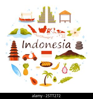 Reisen Sie nach Indonesien, kulturellen Elementen und Hindutempel, Wahrzeichen der Natur und Architektur in runden Infografiken. Indonesische Flagge und Karte, tropisches Paradies Karikaturvektor Illustration Stock Vektor