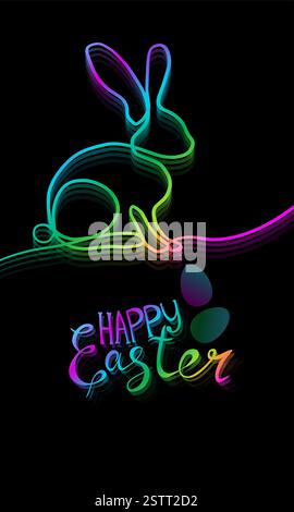Kaninchenbanner, einzeilig linear. Happy Easter Card. Neon-Gradienten-Häschen mit Ei. Handgezeichnet. Nicht AI, Vektorillustration Stock Vektor