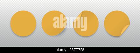 Gelber Runder Aufkleber Vektorsatz. Runde Aufkleber mit Schatten. Gewellte Eckaufkleber, Gerade Runde Aufkleber, Leicht Gewellte Aufkleber. Design Stock Vektor