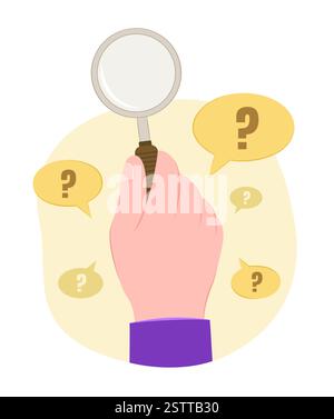 Menschliche Hand, die ein Vergrößerungsglas für Untersuchungen hält und Lösungskonzepte entdeckt, Illustrationen ClipArt Stock Vektor