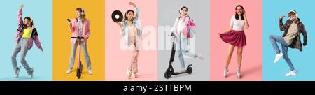 Viele Leute hören Musik auf farbigem Hintergrund Stockfoto