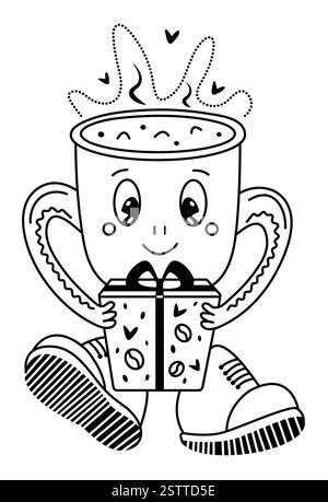 Grooviger Kaffeetasse Charakter mit einem Geschenk, schwarze Linie Vektor-Kritzelei, trendige monochrome skurrile Cartoon eines kleinen Mannes in großen Schuhen, editierbarer Strich i Stock Vektor