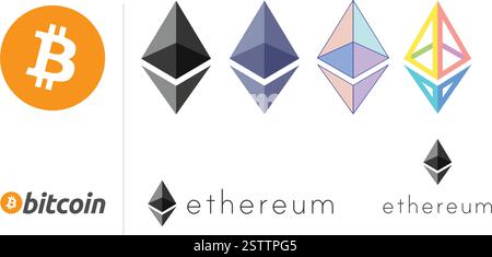 Offizielle Bitcoin- und Ethereum-Kryptowährungslogos in verschiedenen Vektorstilen, einschließlich gruppierter und eigenständiger Designs. Stock Vektor