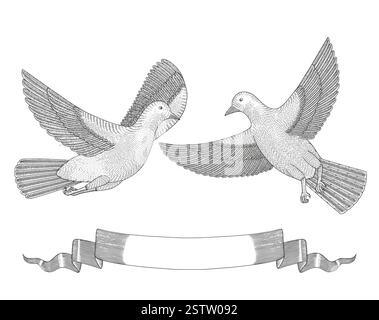 Ein paar Tauben fliegen am Himmel, Vintage Gravur Zeichnung Stil Illustration Stock Vektor