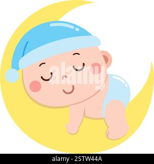 Eine süße und traumhafte Cartoon-Illustration eines Babys, das friedlich auf einem gelben Halbmond schläft Stock Vektor