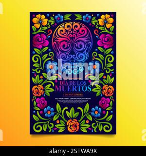 Dia de muertos Broschüre, Tag des toten Zuckerschädels mit mexikanischem Blumenschmuck Stock Vektor